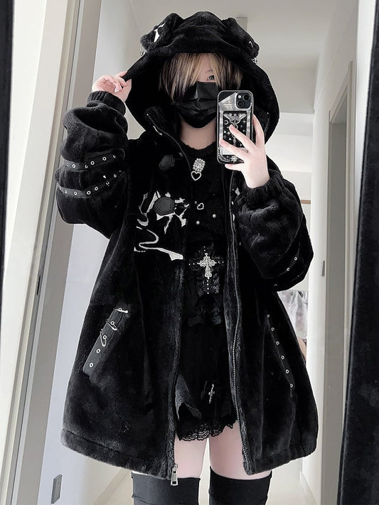 with Plush Puppy Hooded Kei Jirai Straps Button Black Design Toggle Ear Jacket Decorations