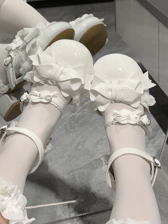 at - Sweet Toe Round Top Trim Bow White Sandals Low-heel Lolita Lace