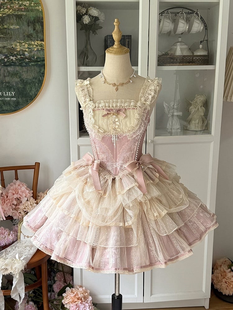 Lolita Balletcore Princess + Pink Floral Corset Top Print Boned Skirt Light