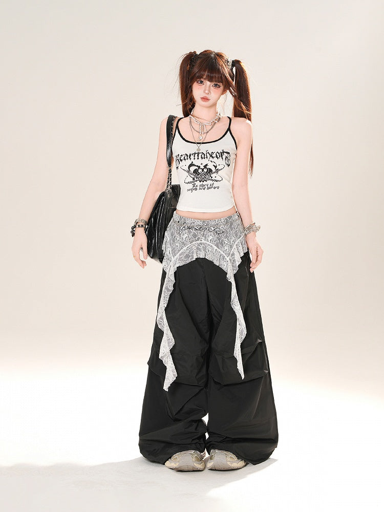 Grau/schwarze Hose mit weitem Bein und niedriger Leibhöhe und Spitzen-Accessoire an der Taille