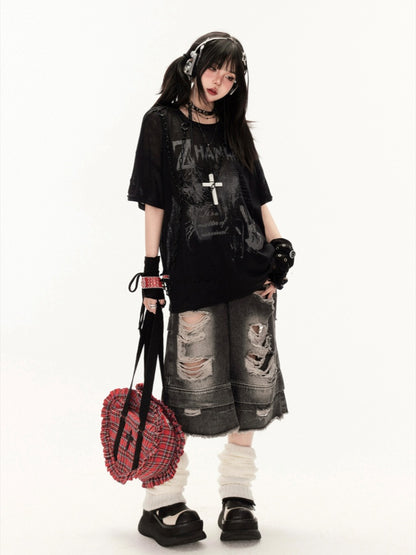 Coverup White/Black Round Neck Punk Print Semi-sheer