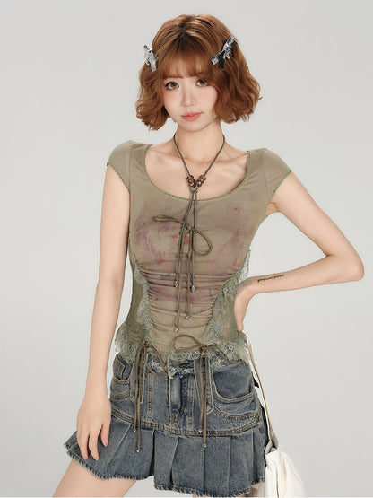 Green Lace Patchwork Short Sleeve Tee - Girlyhalo