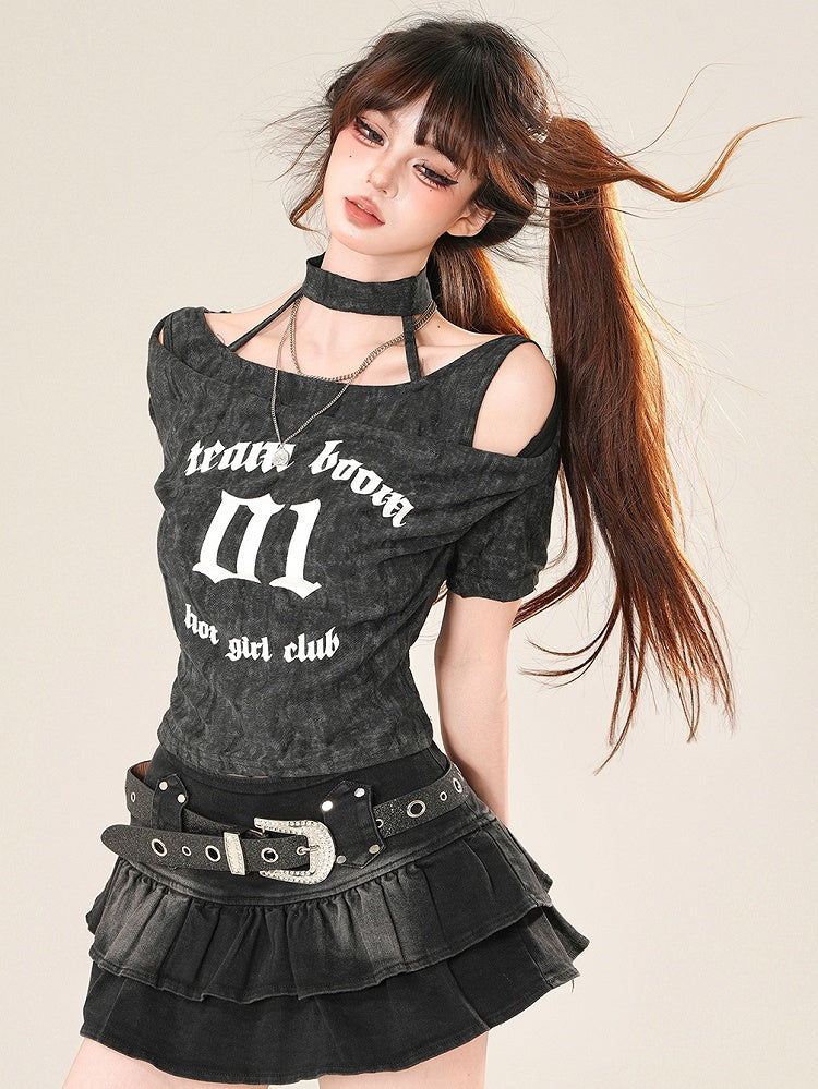 Glamorous Bittersweet Letter T-Shirt Nummer Grau/Schwarz und Aufdruck