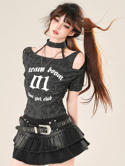 Glamorous Bittersweet Letter T-Shirt Nummer Grau/Schwarz und Aufdruck