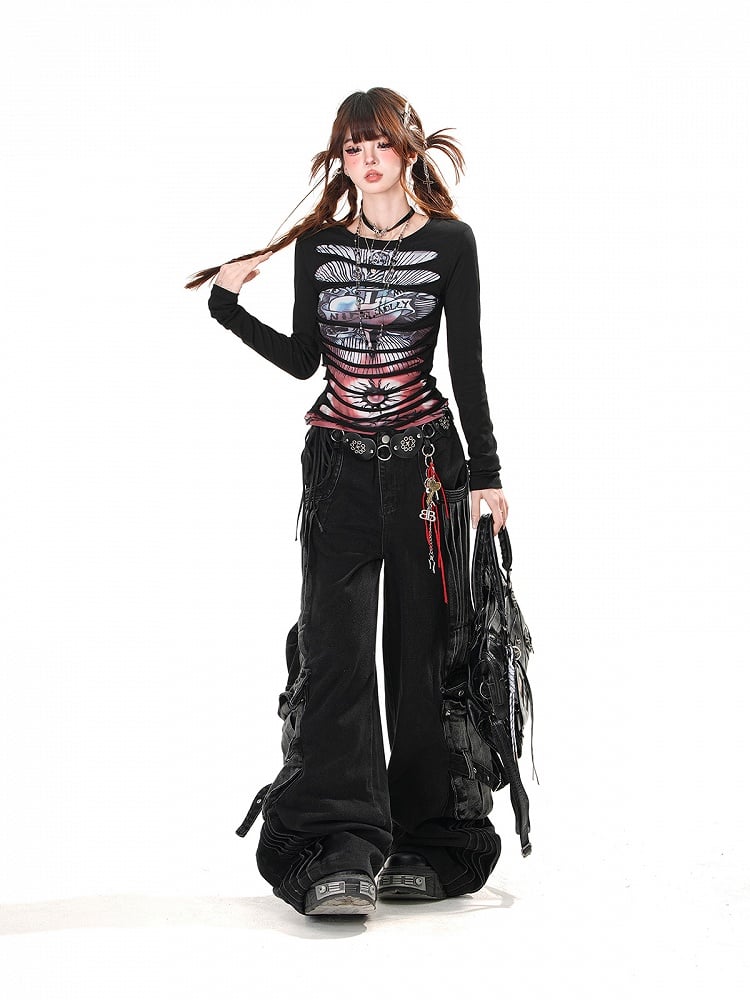 Black/White Round Neck Punk Glamorous Graphic Top