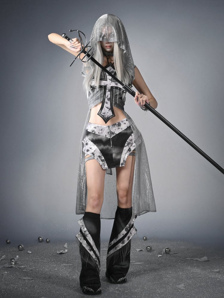 Decorated Cross Strapless Cyberpunk Top Fashion Y3K Chains Futuristic Black  Silver Sequins and