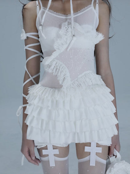 Lace-trimmed with Multi-Layer Ballet-Inspired Hem Cami White Star Top Ruffle Rhinestone