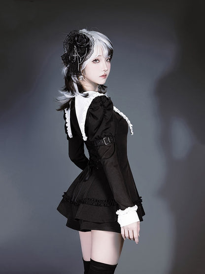 Black Jirai Juliette Flat Gothic Pointed Top with Sleeves Kei Set: Three-Piece White Collar