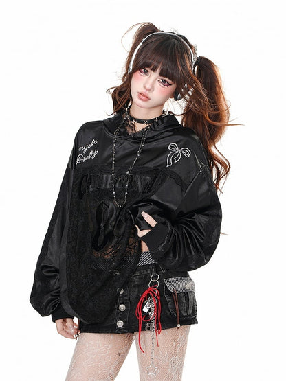 Black/White Bowknot Embroidery Contrast Lace Patches Loose Hoodie