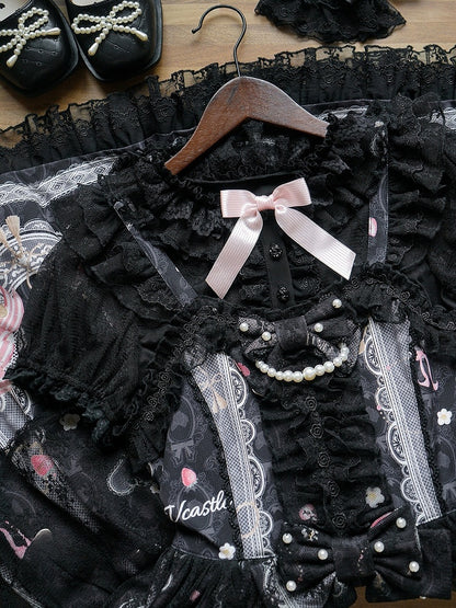 レイヤーカラーチュールロリータショートブラックスリーブブラウスダブル