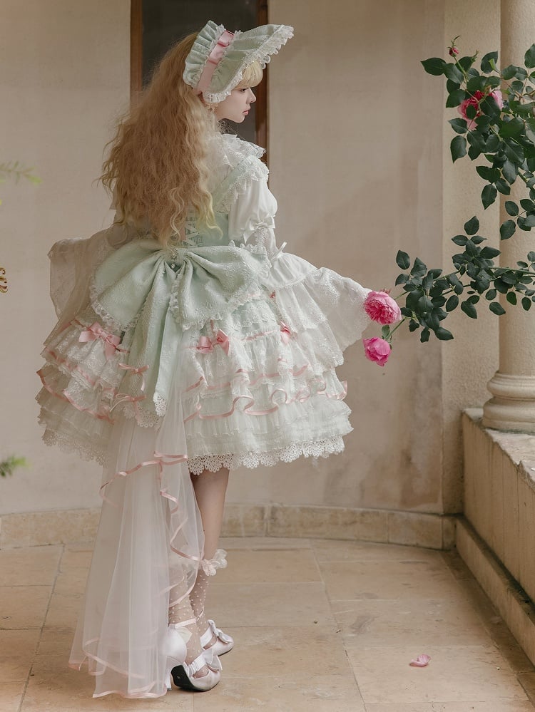 Ensemble jupe salopette Hime Lolita superposée à nœuds vert menthe | Huating