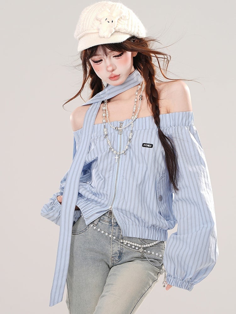 Pink/Blue Off-the-shoulder Neckline Striped Zip Closure Top with Free Scarf