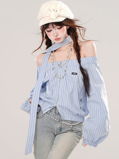 Pink/Blue Off-the-shoulder Neckline Striped Zip Closure Top with Free Scarf