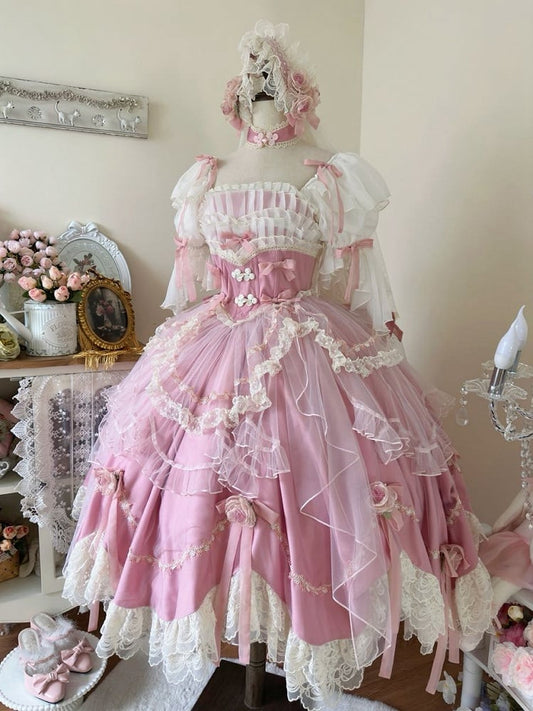 Pink Floral Fairy Basque Waist Bowknots Decoration Hanayome Lolita OP / Full Set