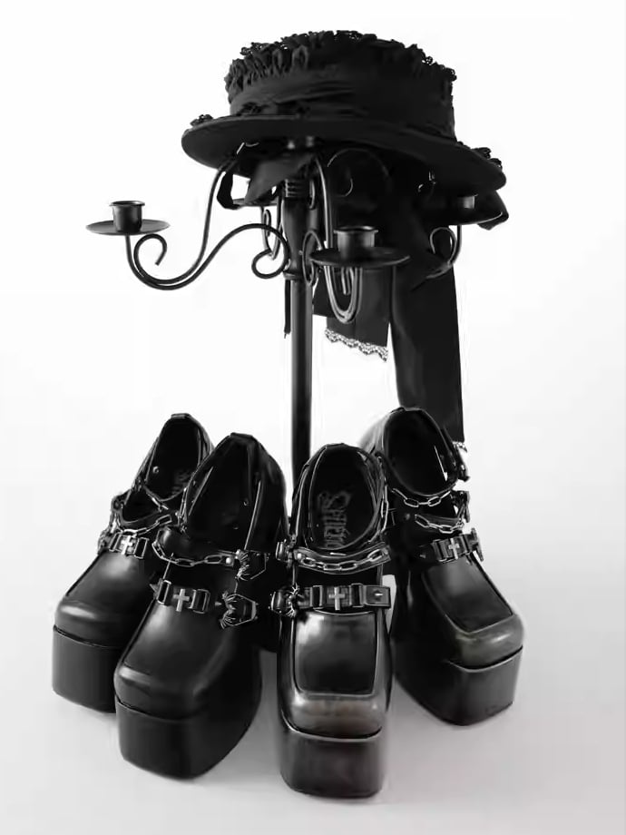 Toe Black Closure Mary Punk Heel with Ornate Coffin - Matte Square Bat Janes Motif Chunky Cross