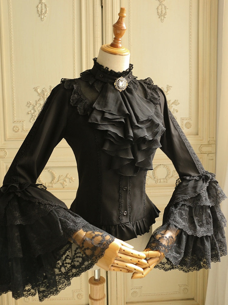 ブラック ジャボタイ フリルネックライン ロングベルスリーブ ブラウス