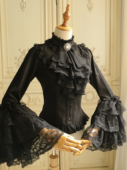 ブラック ジャボタイ フリルネックライン ロングベルスリーブ ブラウス