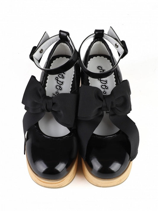Platforms Leather Horse Sole Wood Grain Black PU Sweet - Rocking in Detachable Bow Lolita