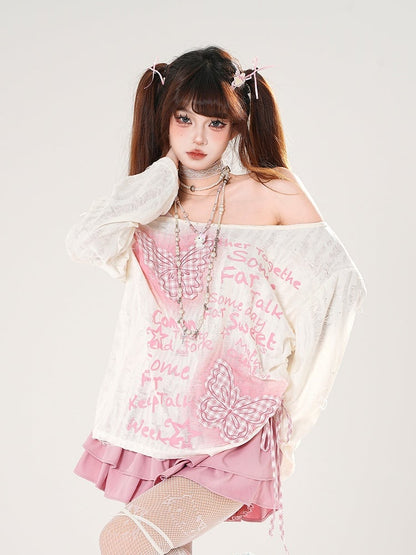 Off-the-shoulder Black/White Pink Plaid Butterfly Appliques