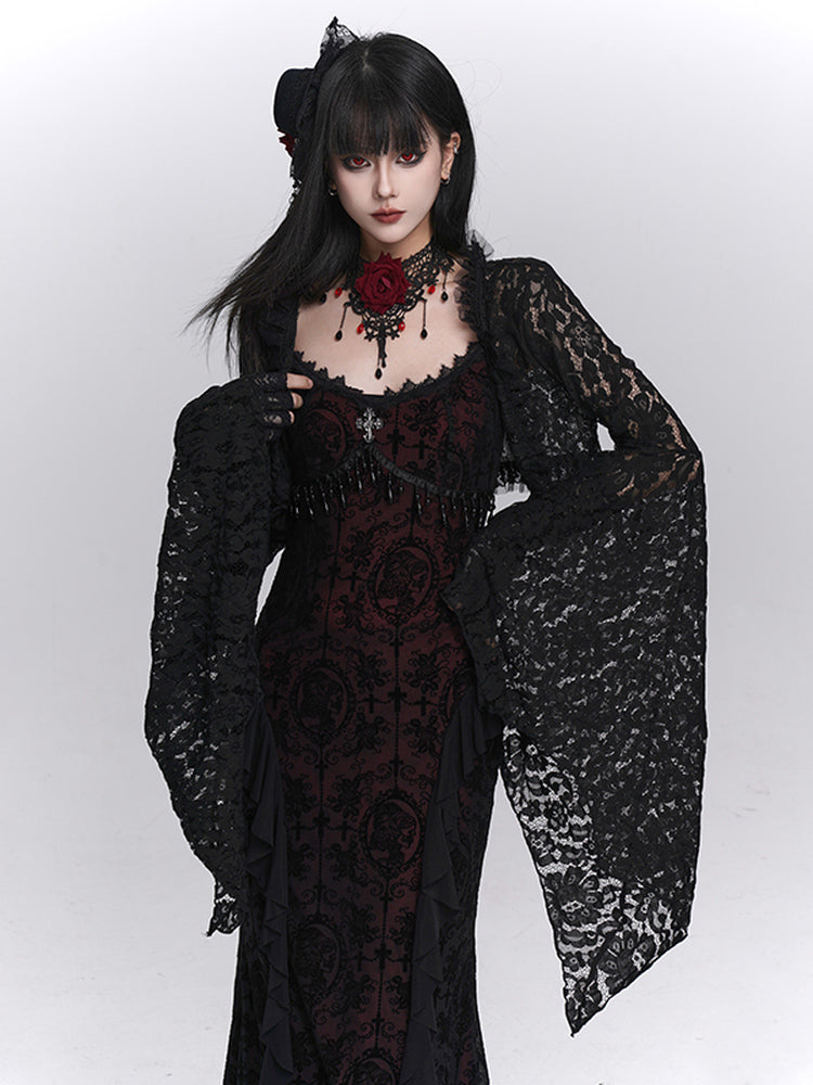 Gothic Black & Red Rose Choker with Obsidian Pendant