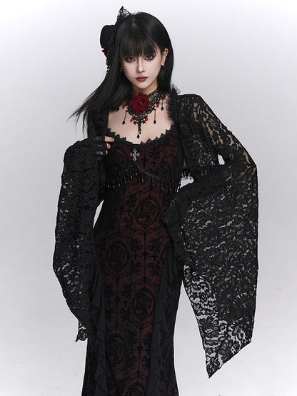 Gothic Black & Red Rose Choker with Obsidian Pendant