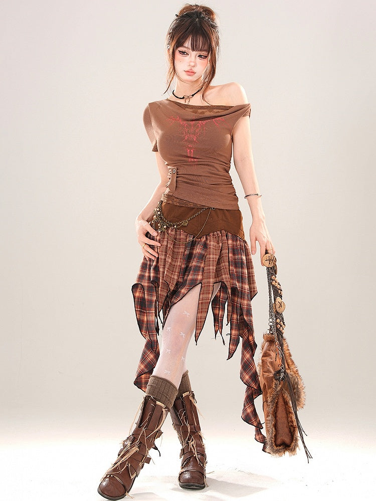 Brown/White Asymmetrical Neckline Ruched Printed Top