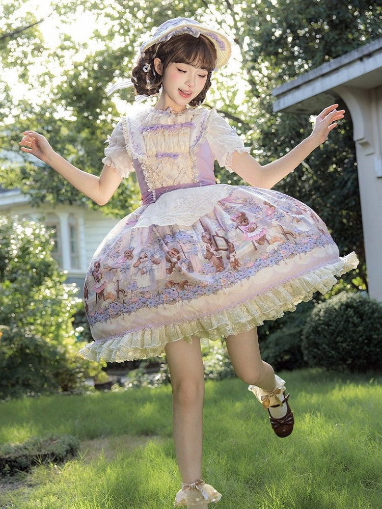 Purple Sweet Lolita Bear Motif Floral JSK Gown with Embroidery & Tulle Layer - Stars Fall on the Foggy Island