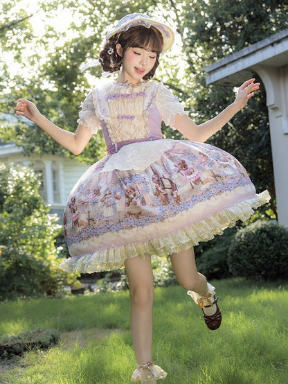 Purple Sweet Lolita Bear Motif Floral JSK Gown with Embroidery & Tulle Layer - Stars Fall on the Foggy Island
