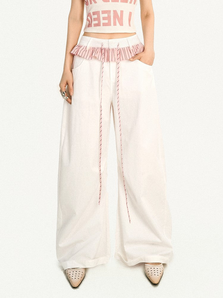 White Faux Two-piece Wide-Leg Pants with Pink-Black Striped Ruffle Trim
