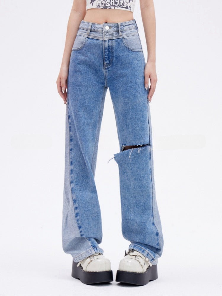 Blaue Jeans mit Löchern im Used-Look, schmale Passform, gerades Bein