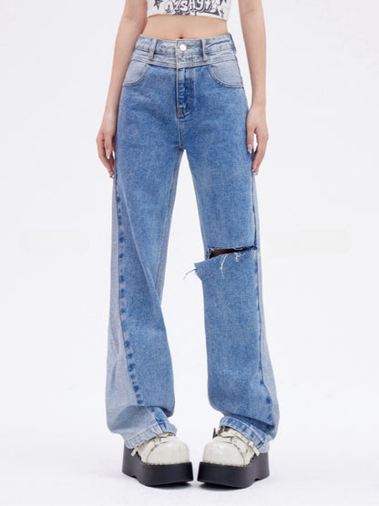 Blaue Jeans mit Löchern im Used-Look, schmale Passform, gerades Bein