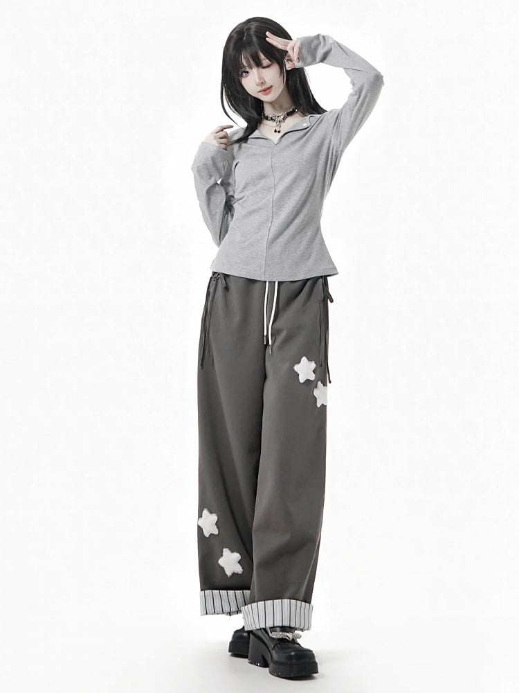 Gray/Black/Beige Plush with Rolled Star Cuffs Appliques Dark Sweatpants Striped