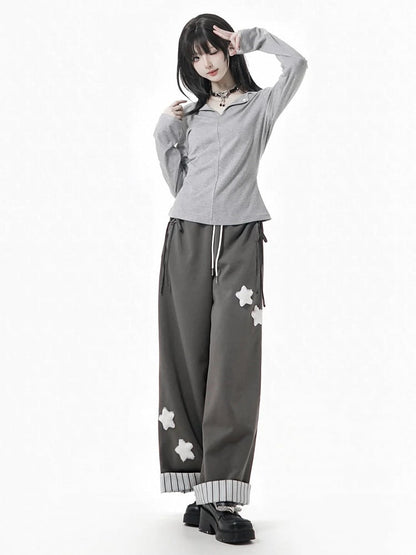 Gray/Black/Beige Plush with Rolled Star Cuffs Appliques Dark Sweatpants Striped