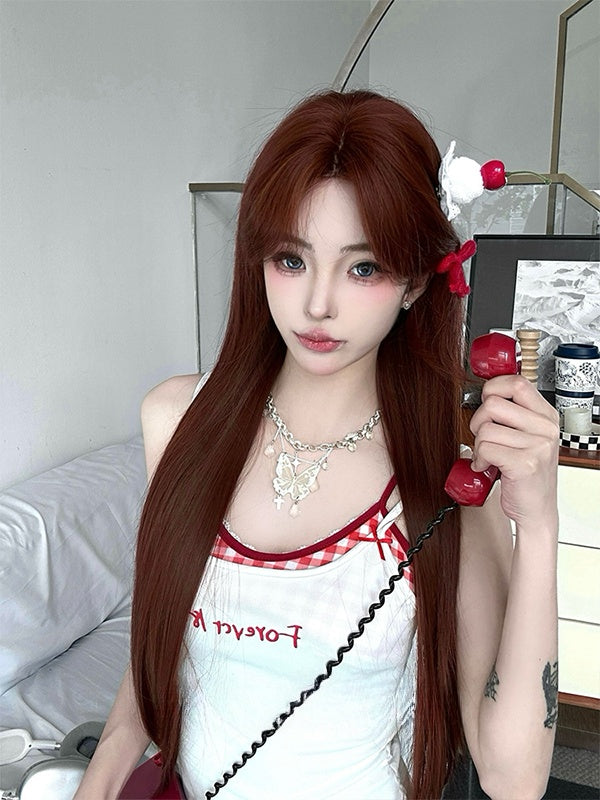 赤みがかった茶色のロングストレート合成ウィッグ（前髪付き）