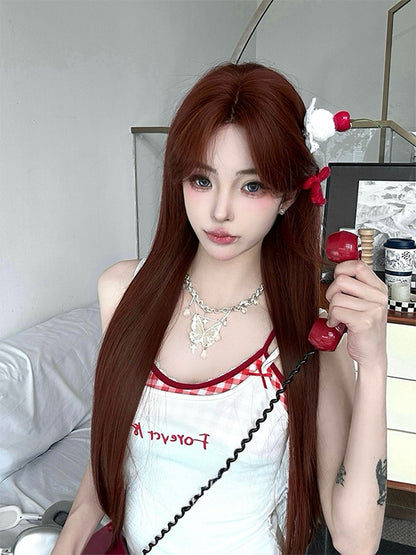 赤みがかった茶色のロングストレート合成ウィッグ（前髪付き）