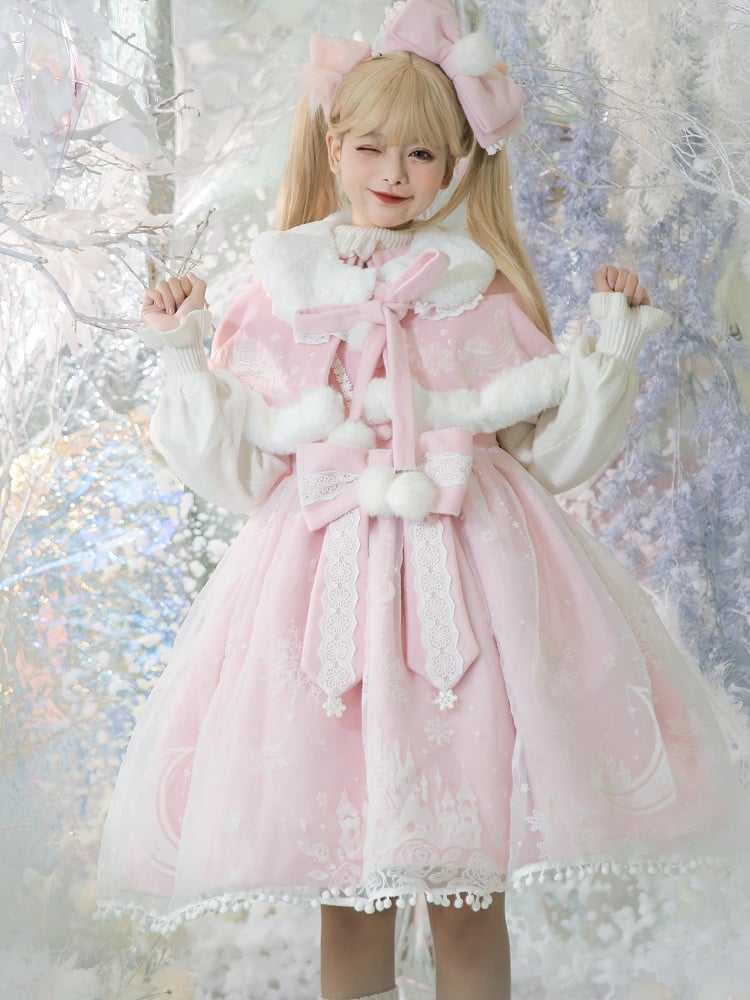 Moon with Set Snow Lace Dress Jumper Print Overlay Cape Trim Pink Plush Castle Lolita Skirt