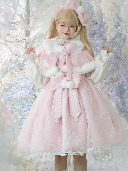 Moon with Set Snow Lace Dress Jumper Print Overlay Cape Trim Pink Plush Castle Lolita Skirt