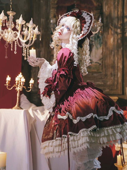 Rotes Kerzenkleid, Kerzenständer-Stickerei, Samtglocke und Ärmel