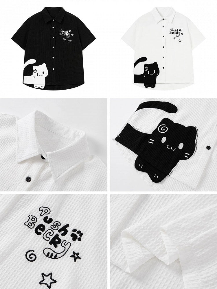 Kitten Print Casual Shirt in Black - CRAZY GIRL