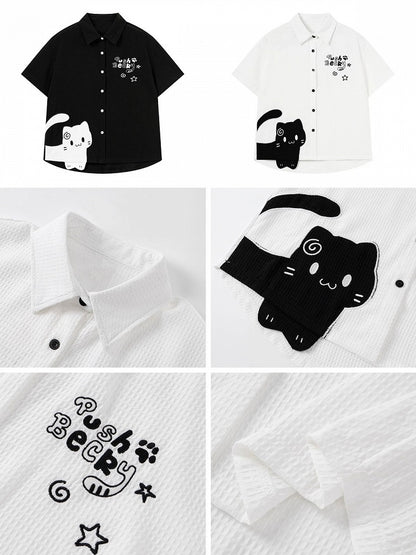 Kitten Print Casual Shirt in Black - CRAZY GIRL