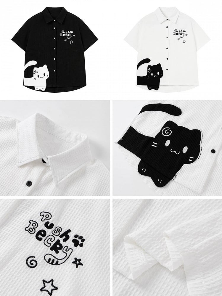 White Casual Kawaii Short Sleeve Shirt with Kitten Print - CRAZY GIRL