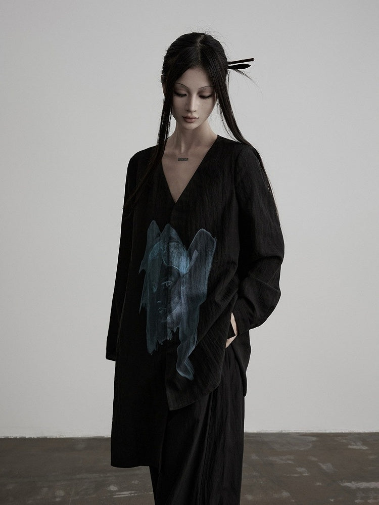 Asymmetric V-Neck Long Sleeve Top with Figure Print - INDULGE