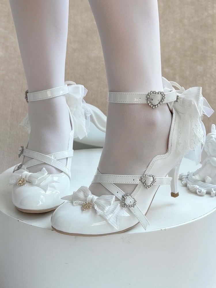 Detachable Back Elegant with White High Bow Shoes Heel Lolita