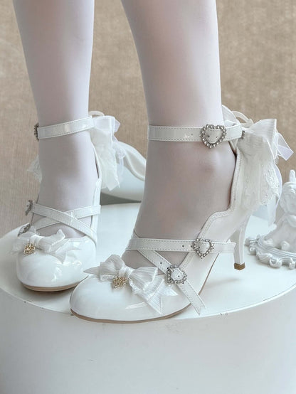 Detachable Back Elegant with White High Bow Shoes Heel Lolita