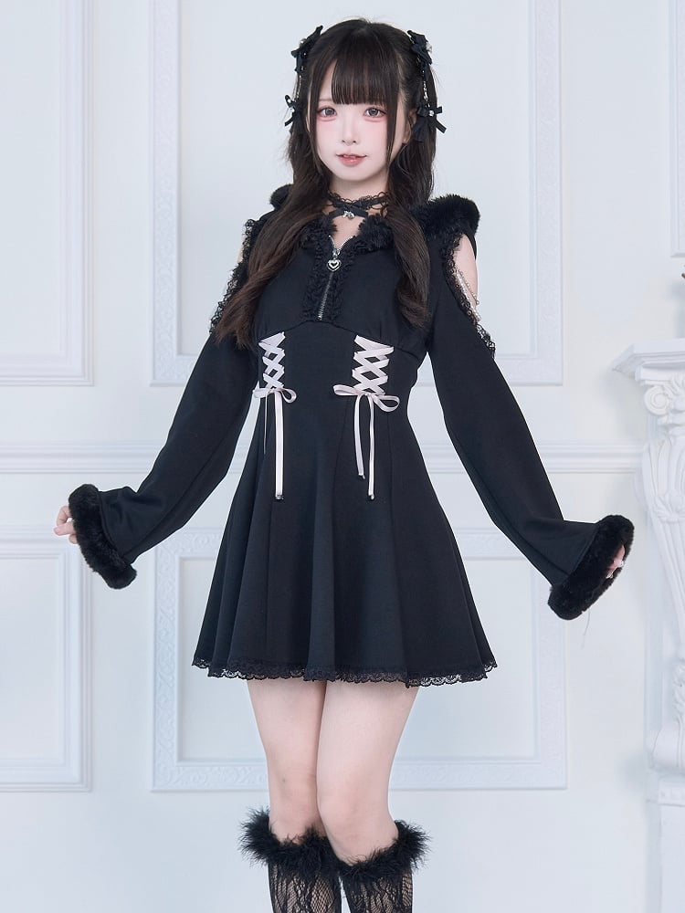 Shoulder Dress: Dark Elegance with Corset Beaded Lacing Jirai Black Hoodie Accents Kei Plush