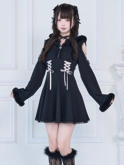 Shoulder Dress: Dark Elegance with Corset Beaded Lacing Jirai Black Hoodie Accents Kei Plush