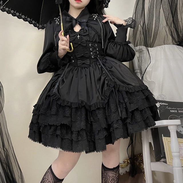 Cropped Cross and Gothic Lace Top Chains Trimmed Lolita with Black Charms