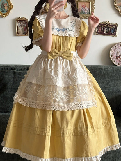 Yellow Floral Cotton OP Dress with Detachable Apron