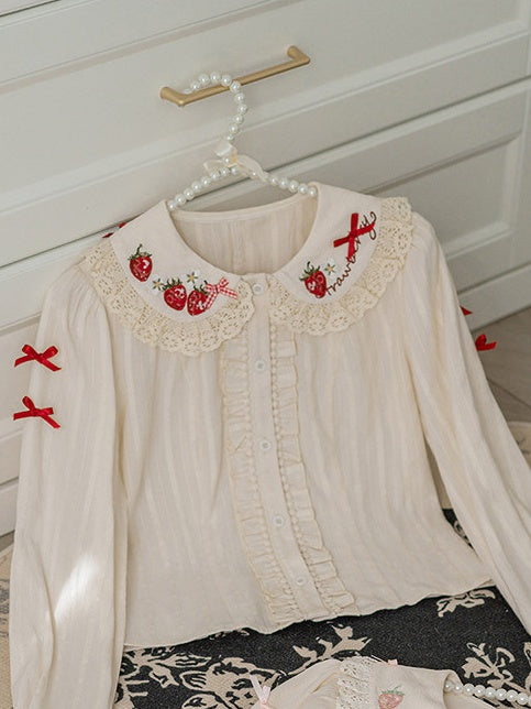 Red Embroidery Lolita Long-Sleeve Ruffled Blouse Strawberry White with