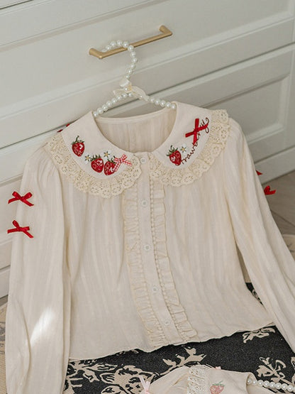 Red Embroidery Lolita Long-Sleeve Ruffled Blouse Strawberry White with